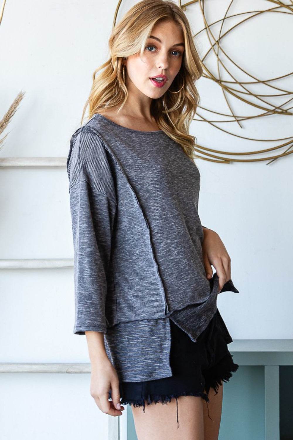 Reborn J Boat Neck Exposed Seam Slit Top - DaTrendStore.Com