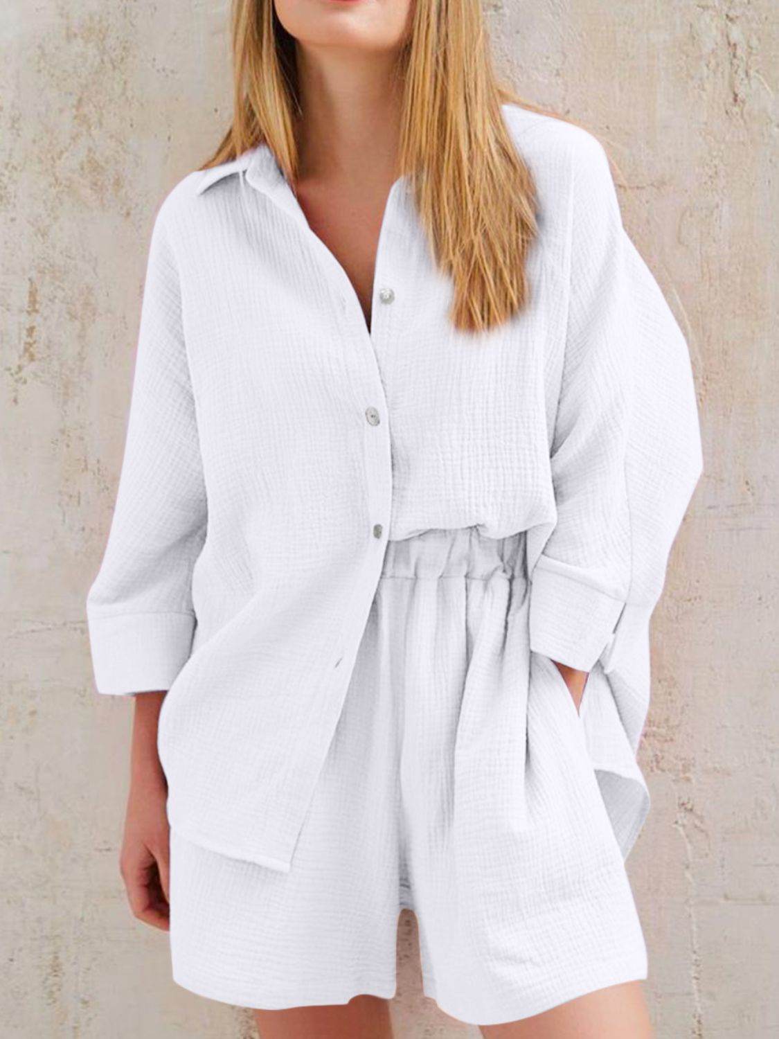 Texture Button Up Shirt and Shorts Set - DaTrendStore.Com