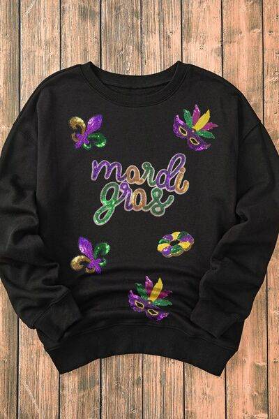 MARDI GRAS Sequin Round Neck Sweatshirt - DaTrendStore.Com