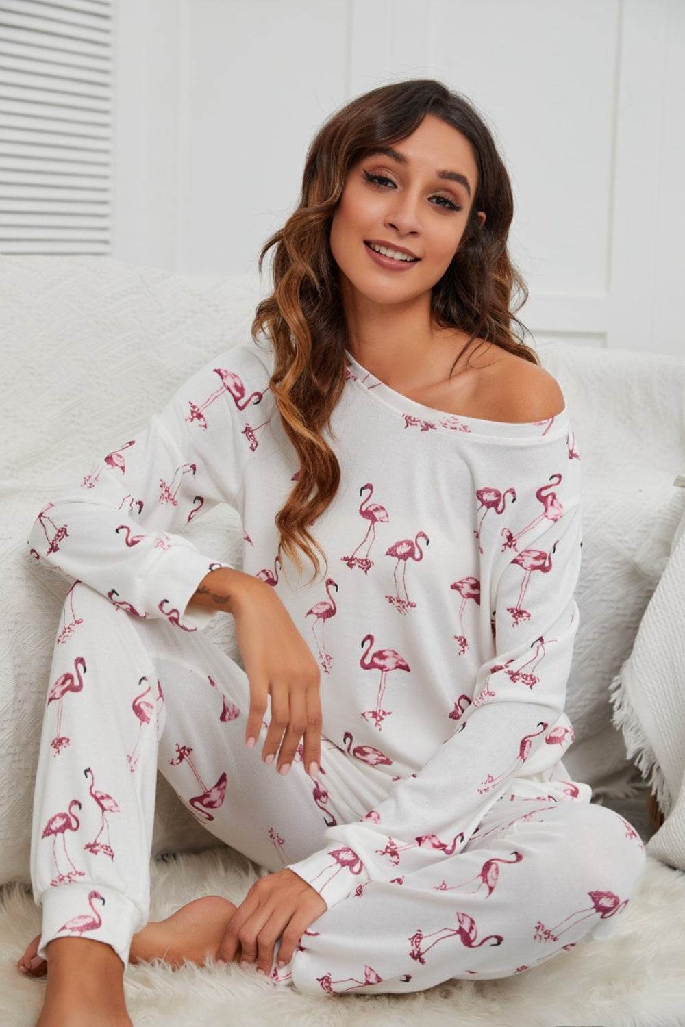 Flamingo Long Sleeve Top and Pants Lounge Set - DaTrendStore.Com