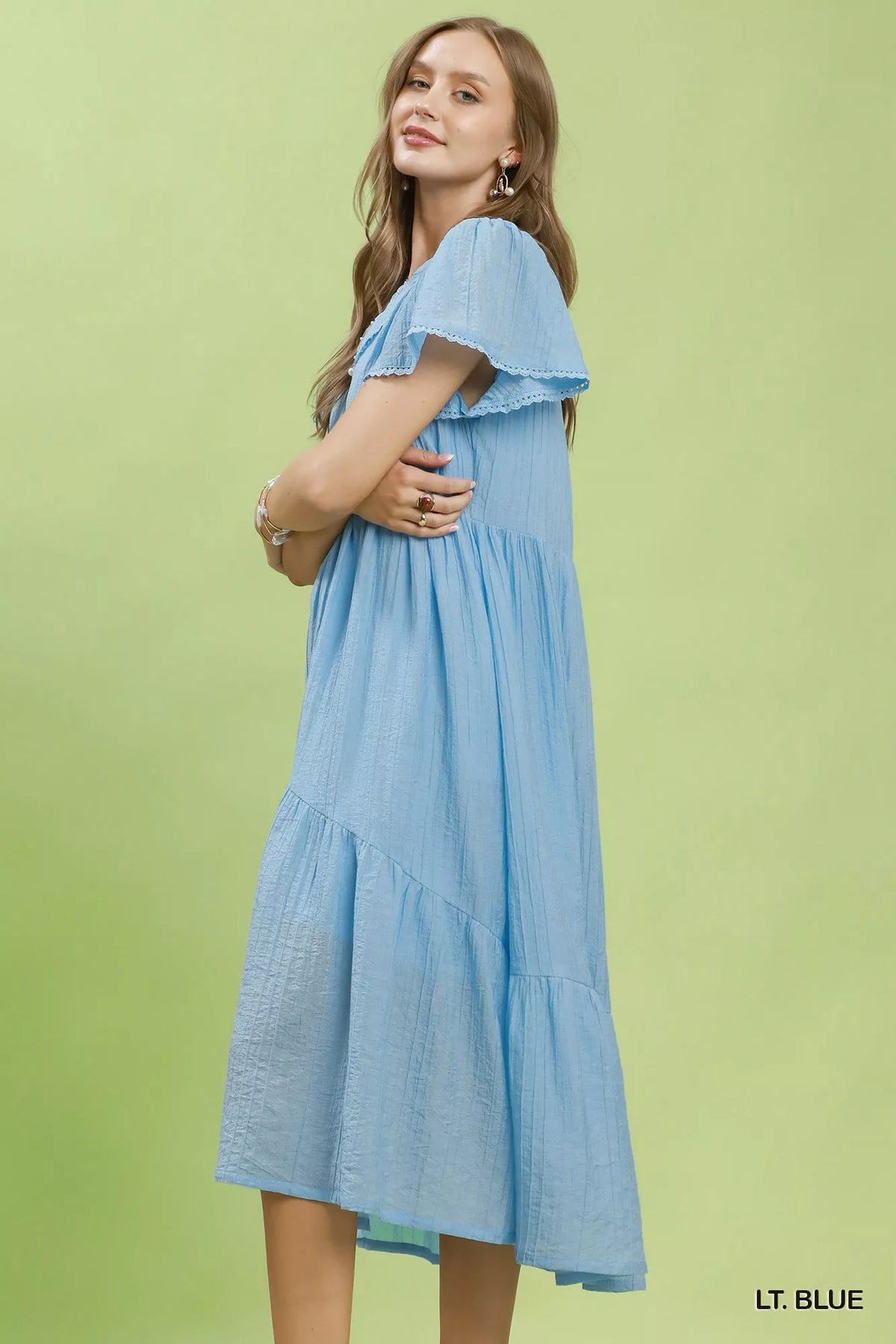Umgee Textured Tiered Midi Dress with Side Pockets - Lt. Blue