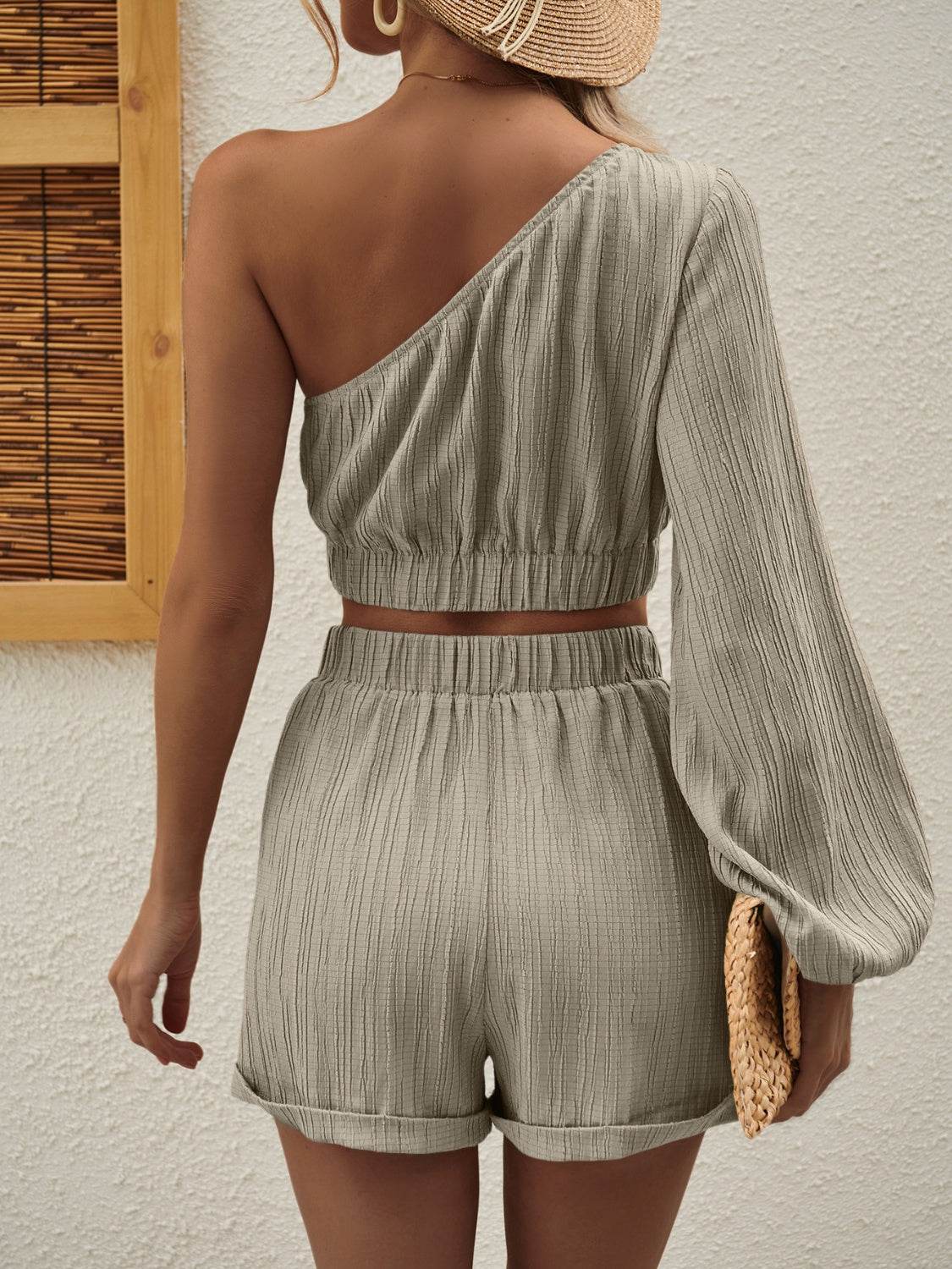 Honey One Shoulder Long Sleeve Top and Shorts Set - DaTrendStore.Com