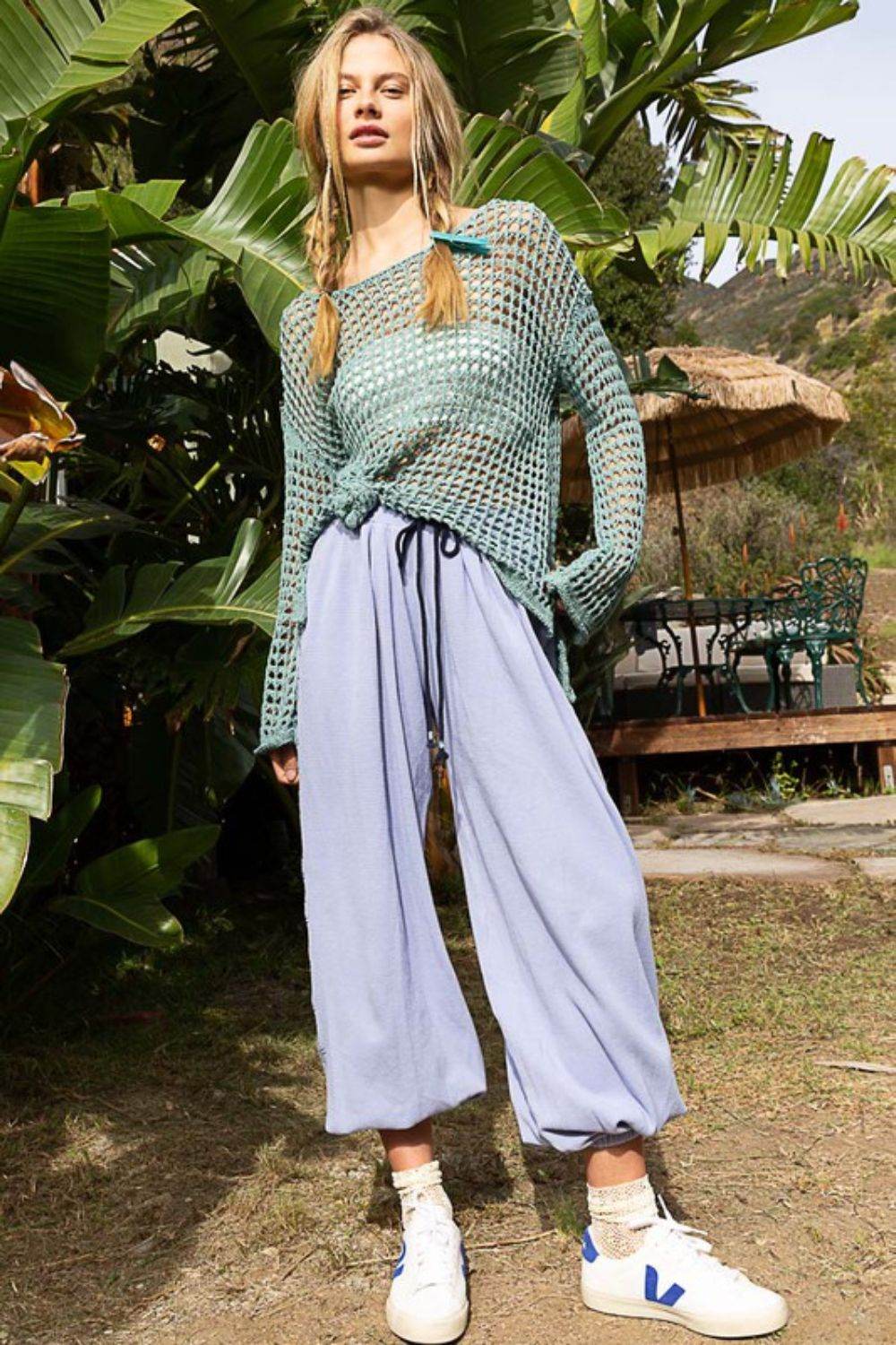 POL Side Slit Openwork Long Sleeve Knit Cover Up - DaTrendStore.Com