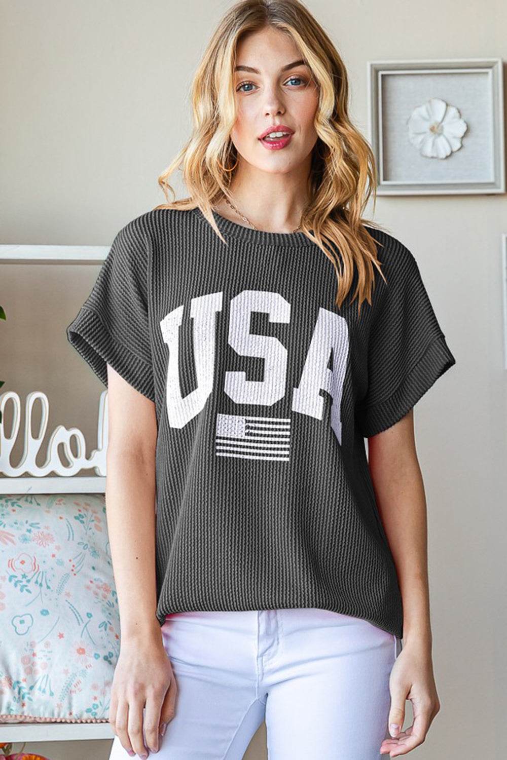 Heimish Full Size USA Graphic Short Sleeve Ribbed Top - DaTrendStore.Com