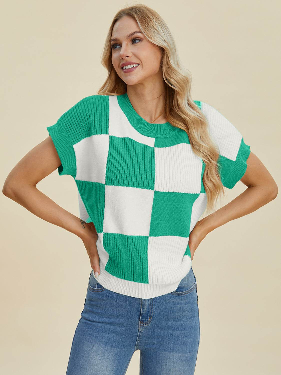 Double Take Full Size Checkered Round Neck Short Sleeve Sweater - DaTrendStore.Com
