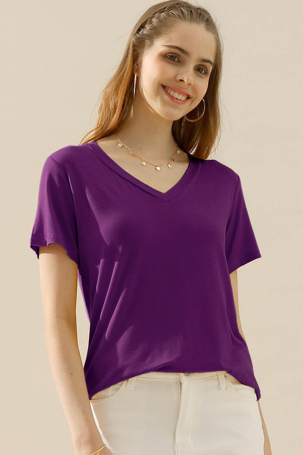 Ninexis Full Size V-Neck Short Sleeve T-Shirt - DaTrendStore.Com