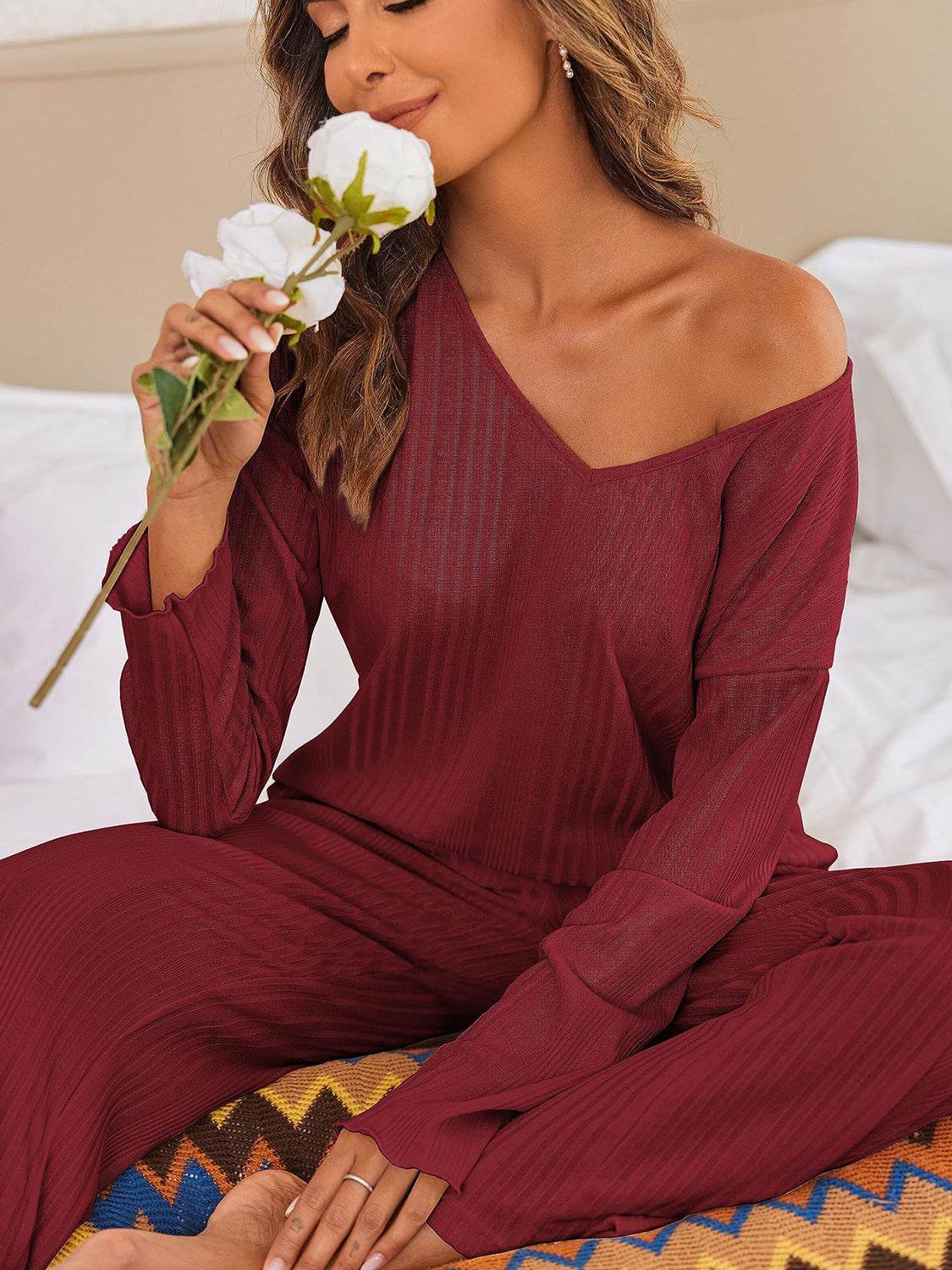 V-Neck Long Sleeve Top and Pants Set - DaTrendStore.Com