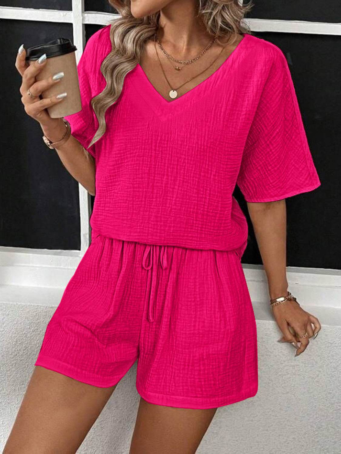 V-Neck Half Sleeve Top and Shorts Set - DaTrendStore.Com