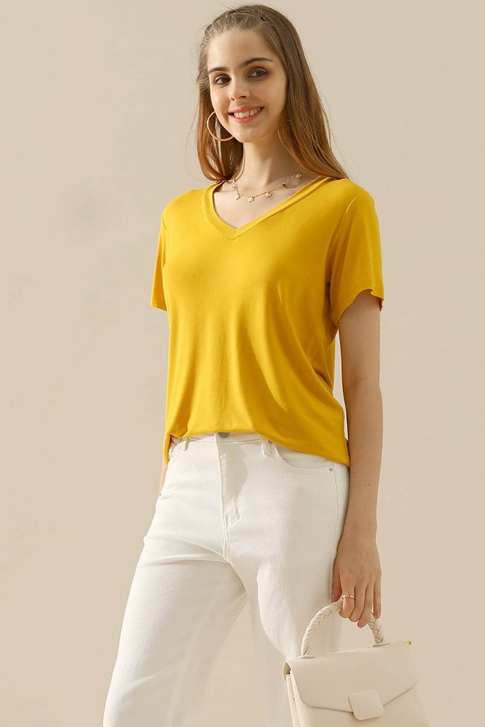 Ninexis Full Size V-Neck Short Sleeve T-Shirt - DaTrendStore.Com