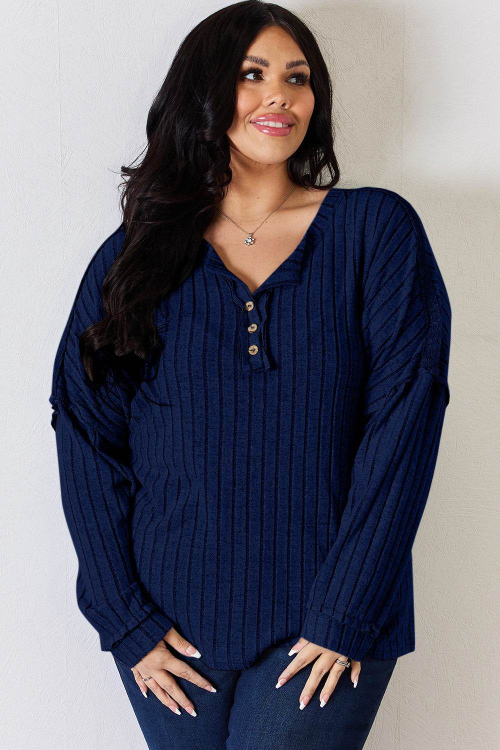 Basic Bae Full Size Ribbed Half Button Long Sleeve T-Shirt - DaTrendStore.Com