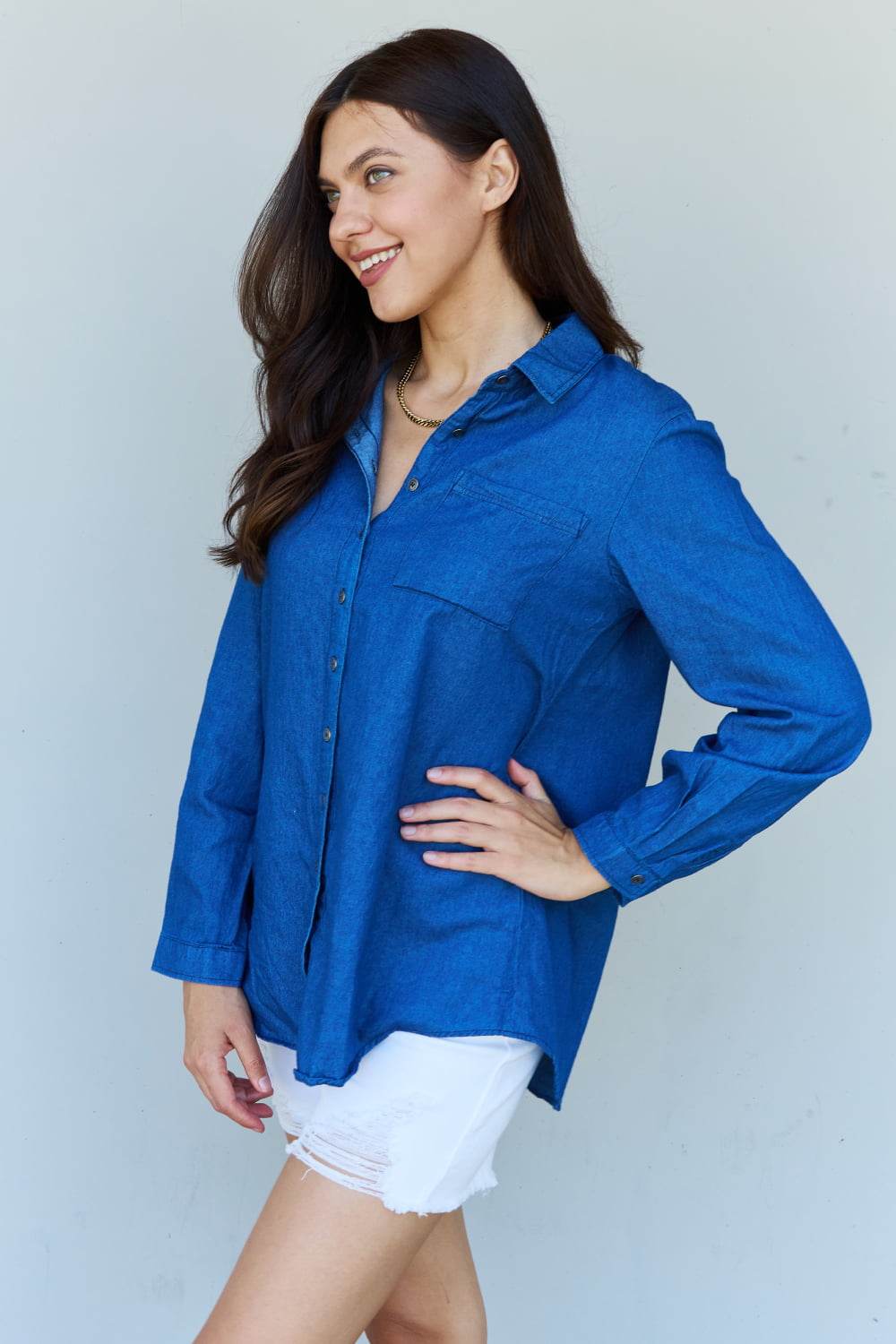 Doublju Blue Jean Baby Denim Button Down Shirt Top in Dark Blue - DaTrendStore.Com