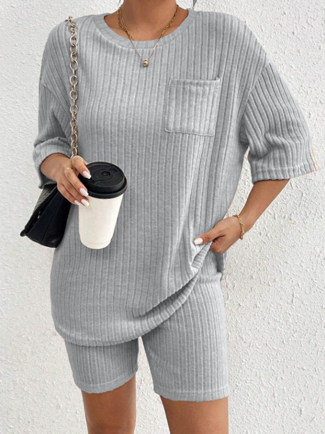 Ribbed Round Neck Top and Shorts Set - DaTrendStore.Com
