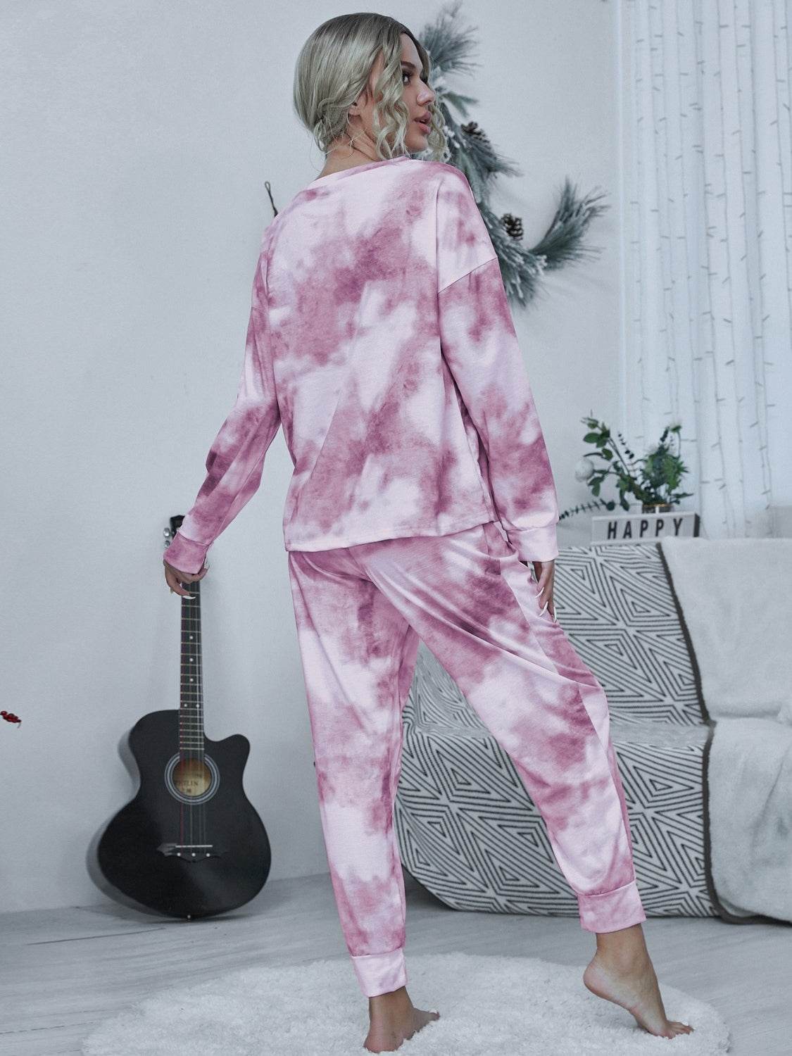 Shiny Tie-dye Round Neck Top and Drawstring Pants Lounge Set - DaTrendStore.Com