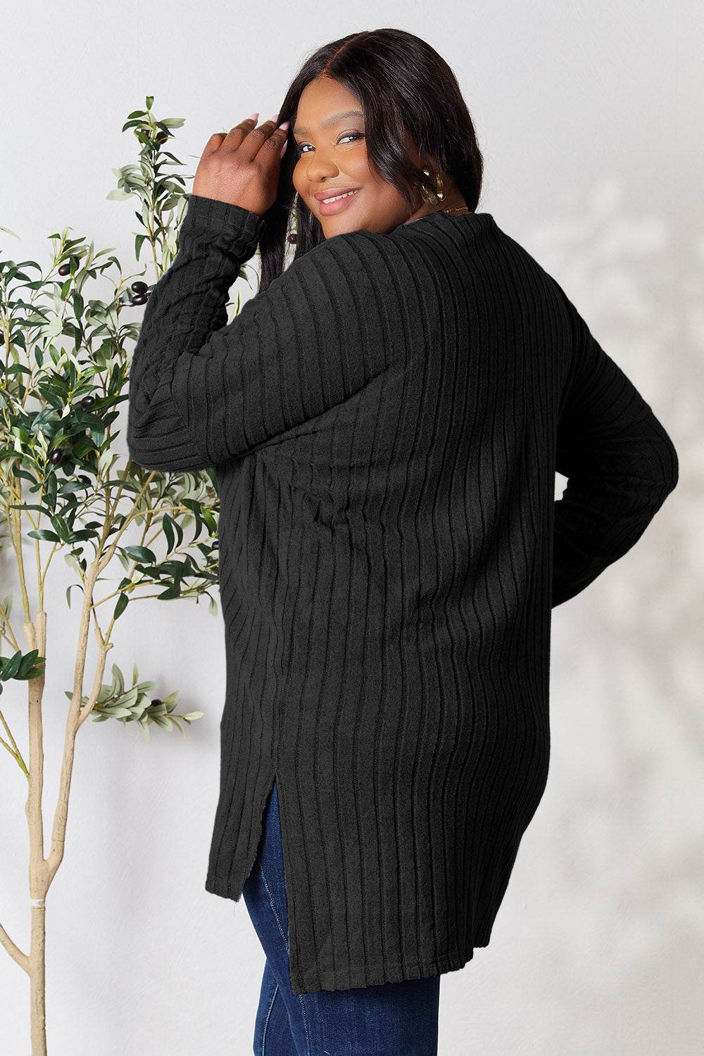 Basic Bae Full Size Ribbed Round Neck Long Sleeve Slit Top - DaTrendStore.Com