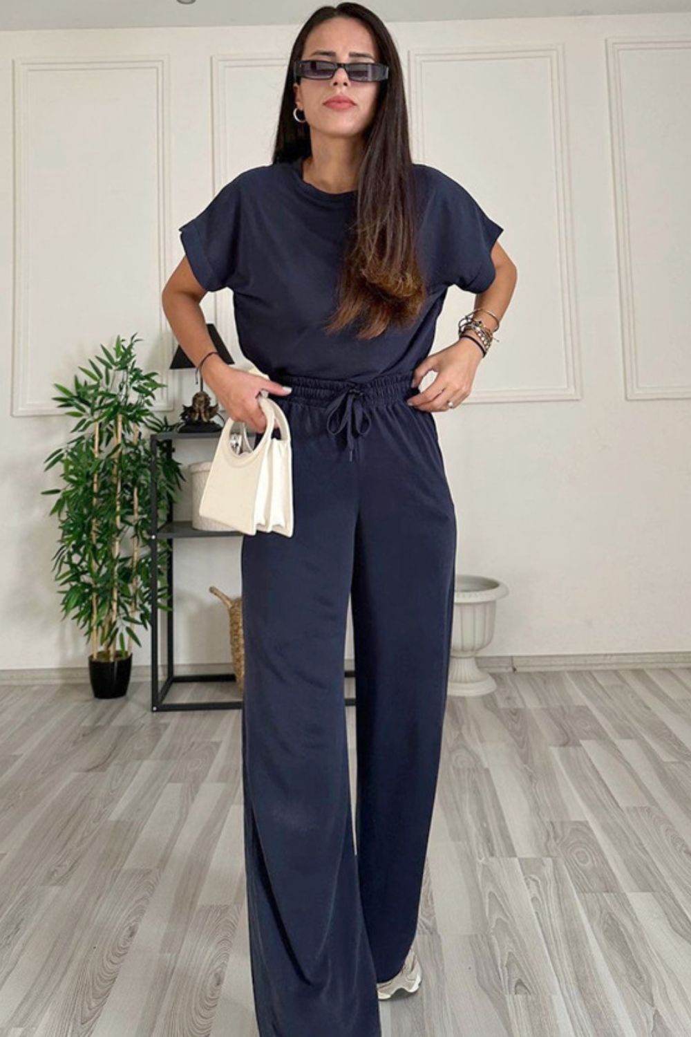 Round Neck Short Sleeve Top and Drawstring Pants Set - DaTrendStore.Com