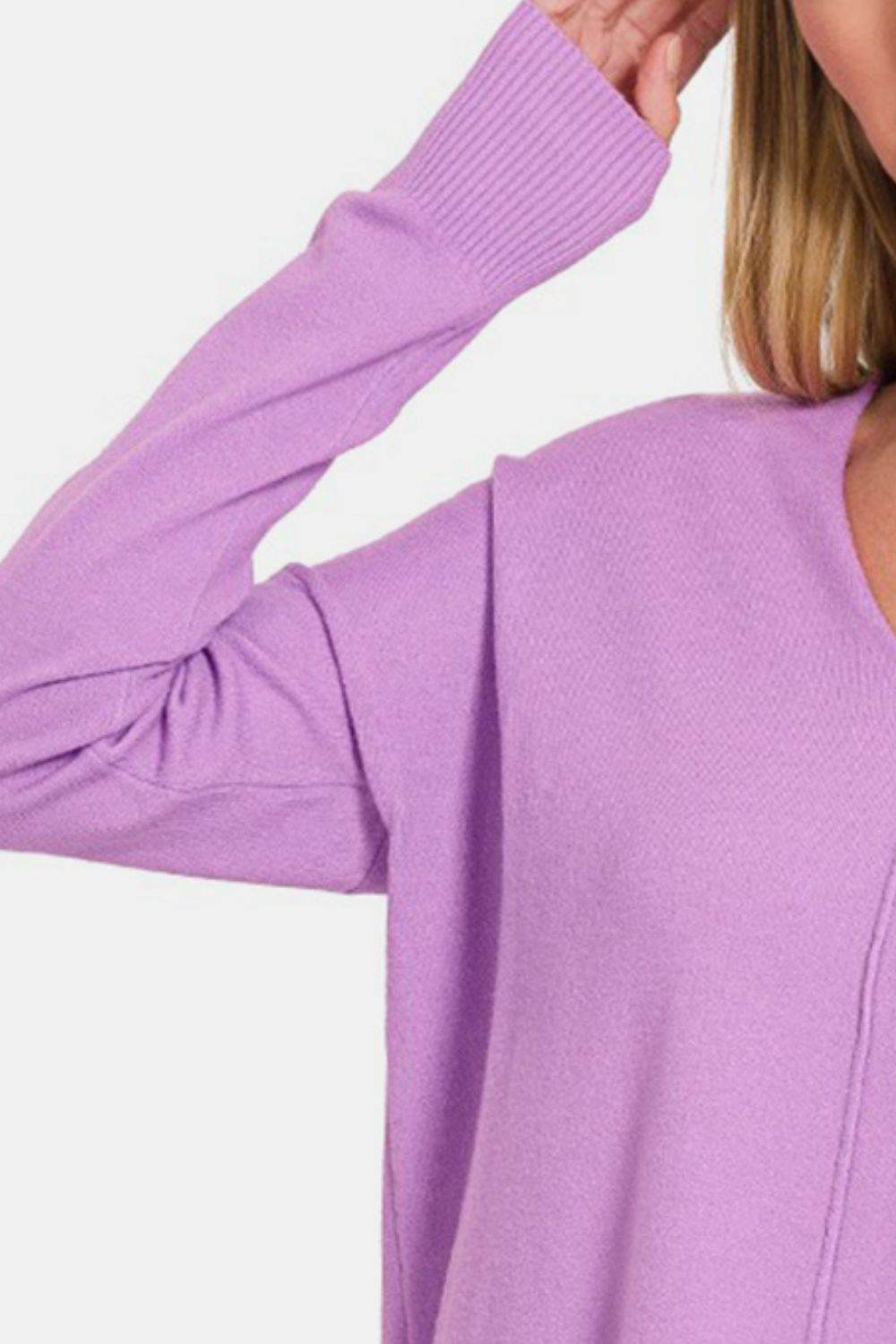 Zenana Slit V-Neck Dropped Shoulder Sweater - DaTrendStore.Com