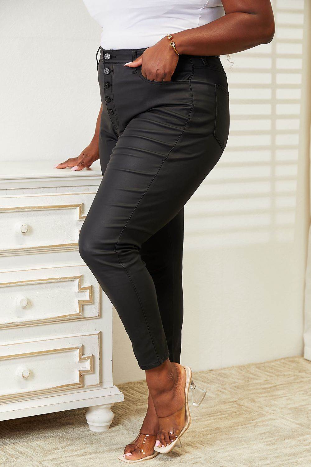 Kancan Full Size High Rise Black Coated Ankle Skinny Jeans - DaTrendStore.Com