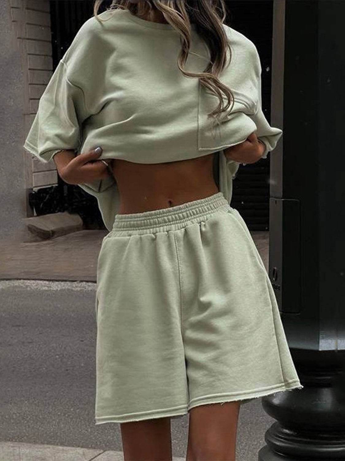Pocketed Round Neck Half Sleeve Top and Shorts Set - DaTrendStore.Com
