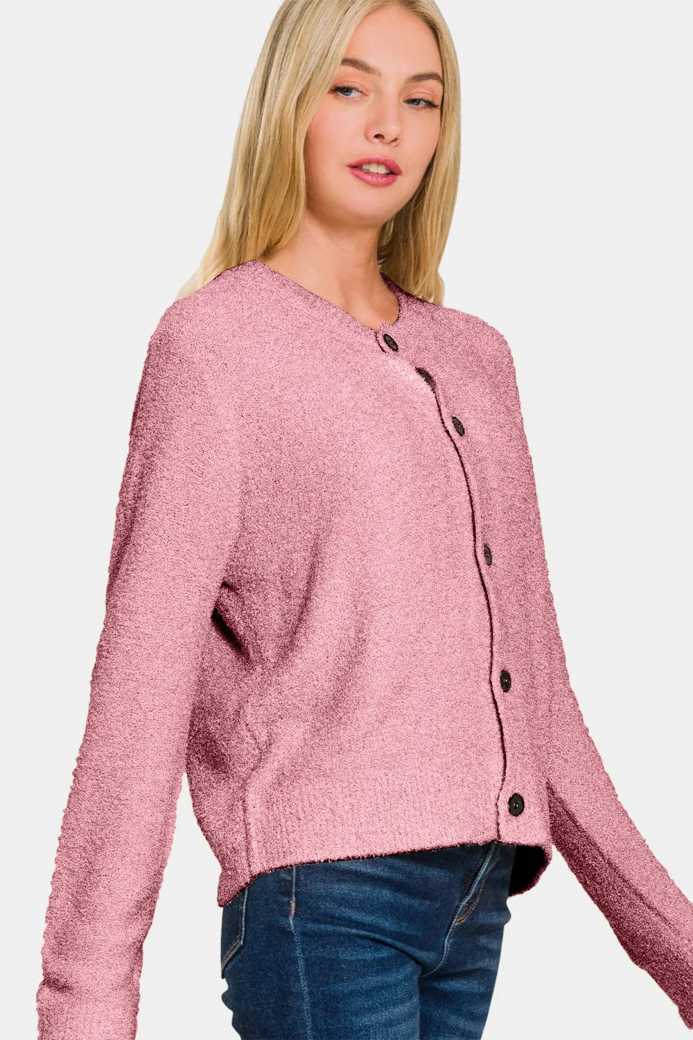 Zenana Button Down Long Sleeve Sweater Cardigan - Lt Rose