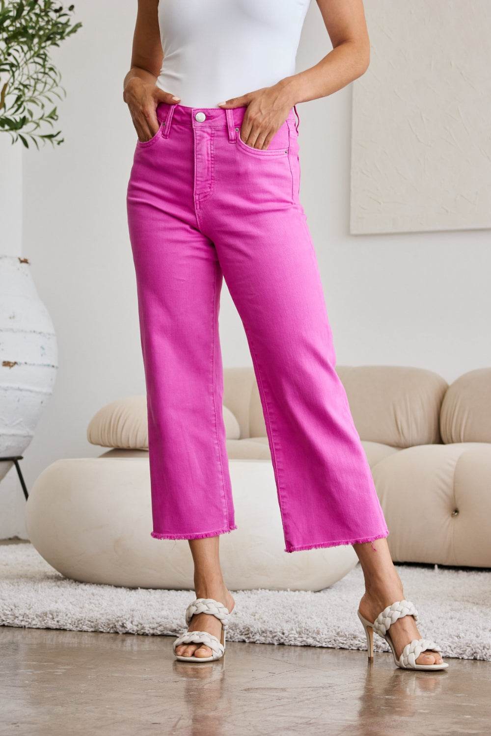 RFM Crop Chloe Full Size Tummy Control High Waist Raw Hem Jeans - DaTrendStore.Com