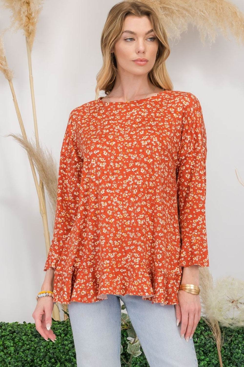 Celeste Full Size Floral Ruffle Detail Top - DaTrendStore.Com