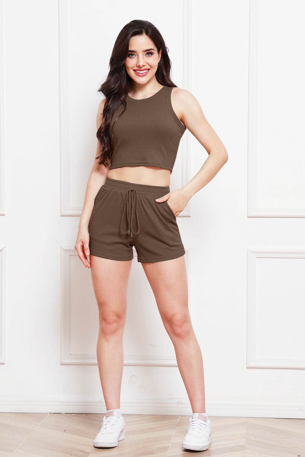 Round Neck Tank and Drawstring Shorts Set - DaTrendStore.Com