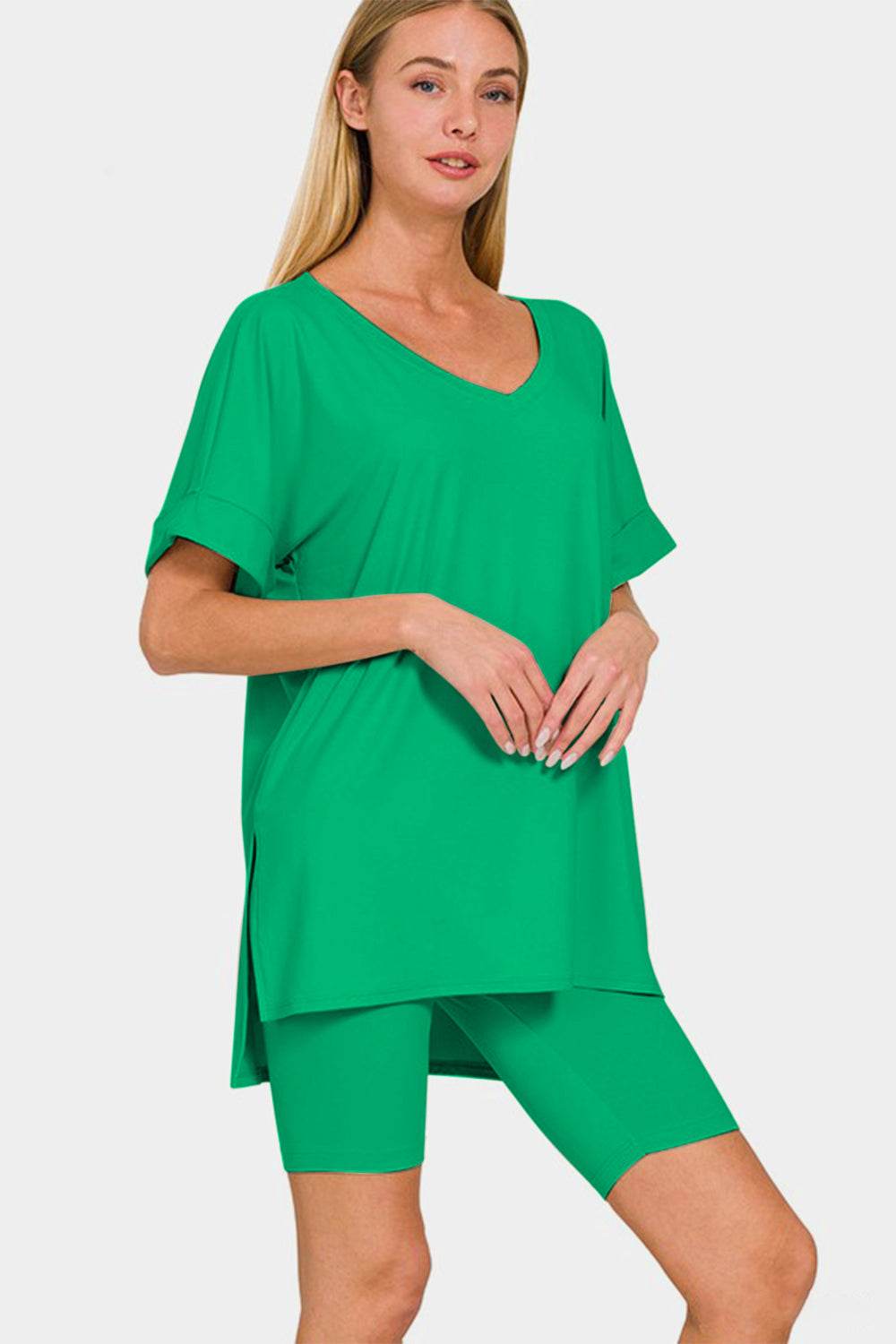 Zenana V-Neck Short Sleeve T-Shirt and Biker Shorts Set - DaTrendStore.Com