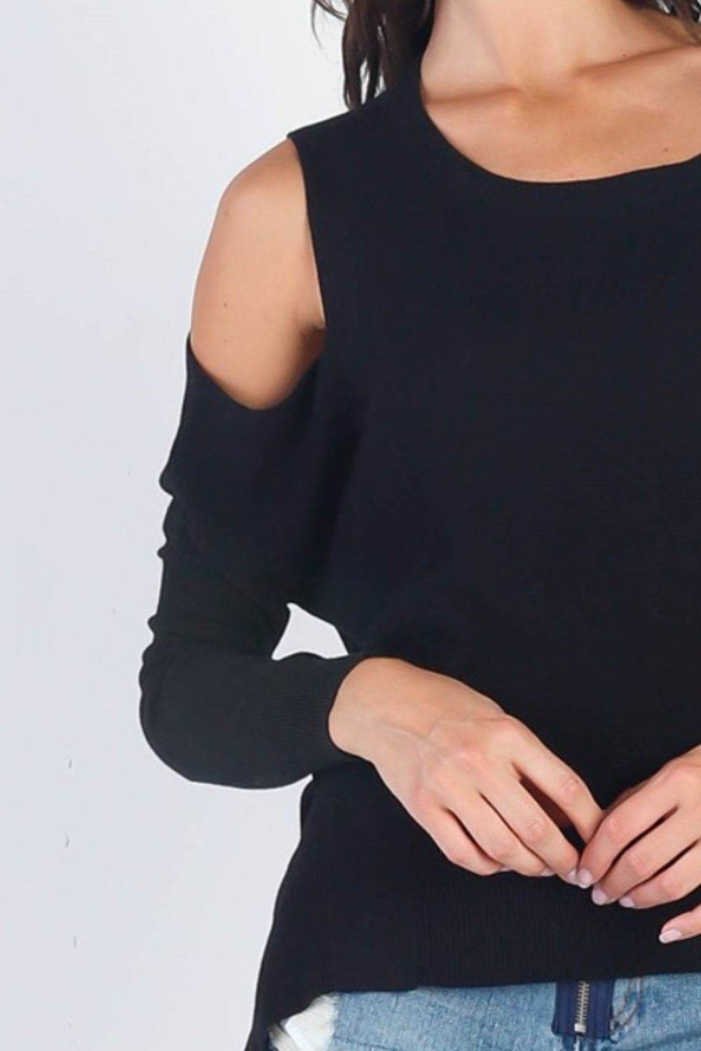 UNIQ Cold Shoulder Long Sleeve Knit Top - DaTrendStore.Com