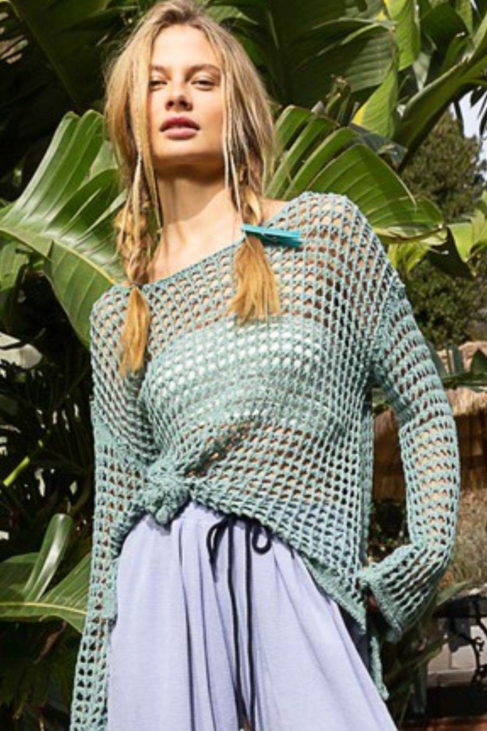 POL Side Slit Openwork Long Sleeve Knit Cover Up - DaTrendStore.Com