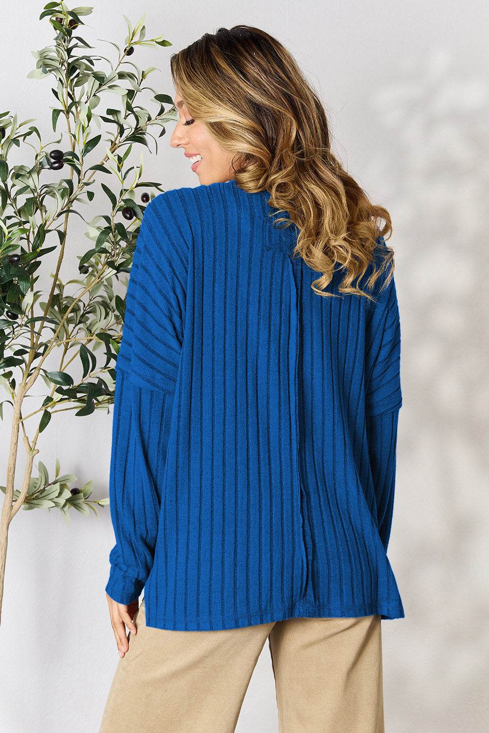 Basic Bae Full Size Ribbed Round Neck Slit Knit Top - DaTrendStore.Com