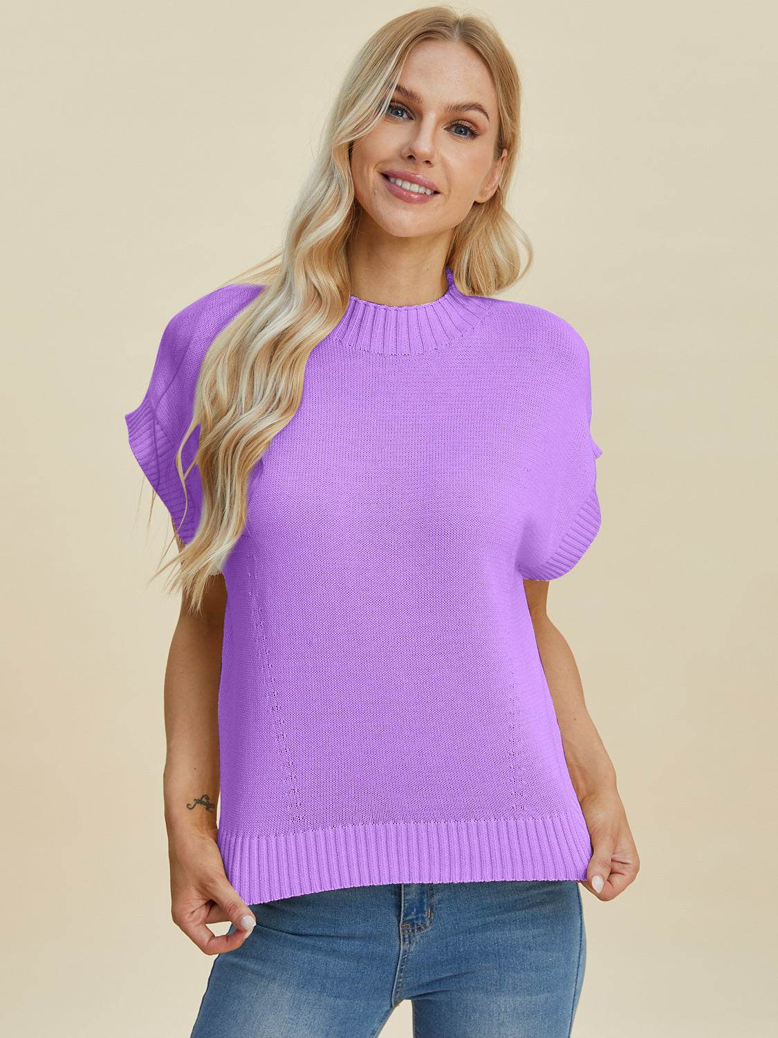 Double Take Full Size Mock Neck Short Sleeve Sweater - DaTrendStore.Com