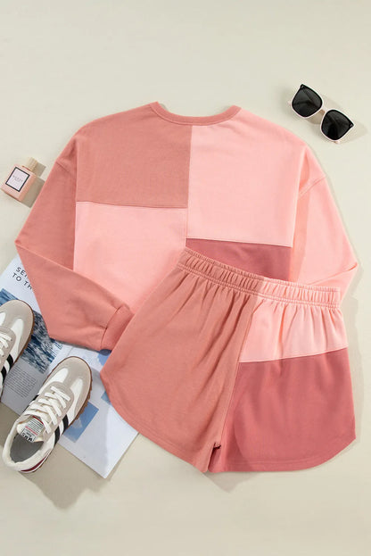 Color Block Round Neck Top and Shorts Set