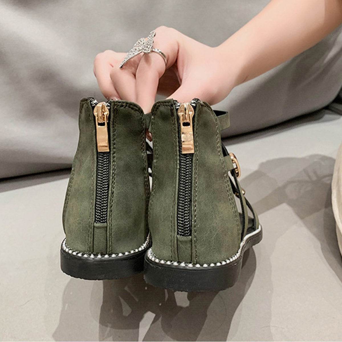 Open Toe Back Zipper Flat Sandals - DaTrendStore.Com