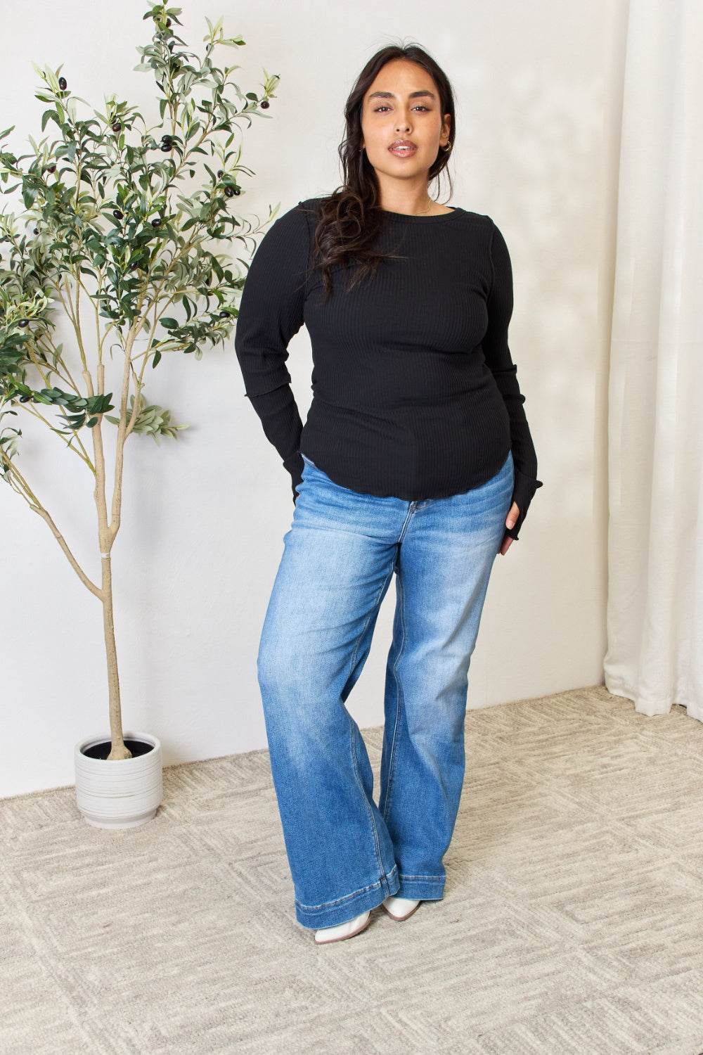 Culture Code Full Size Ribbed Round Neck Long Sleeve Top - DaTrendStore.Com