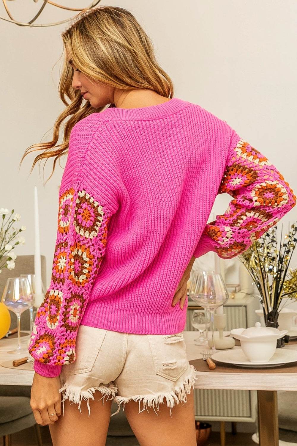 BiBi V-Neck Crochet Long Sleeve Sweater - DaTrendStore.Com