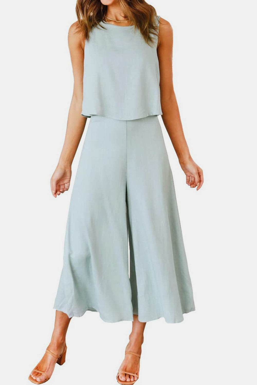 Round Neck Top and Wide Leg Pants Set - DaTrendStore.Com