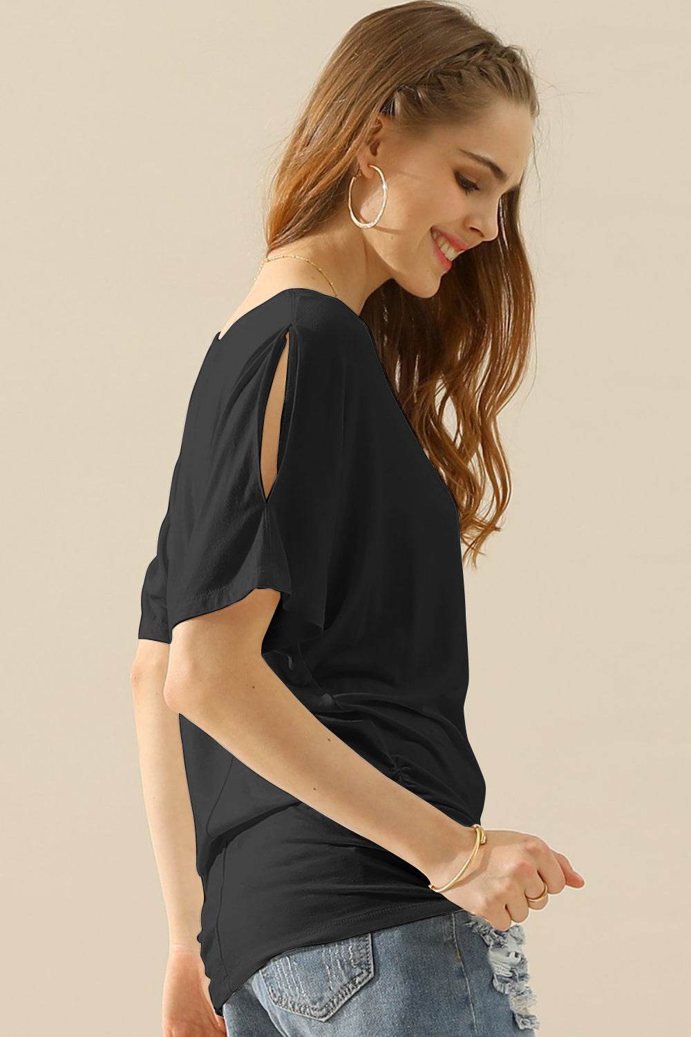 Ninexis Boat Neck Short Sleeve Ruched Side Top - DaTrendStore.Com