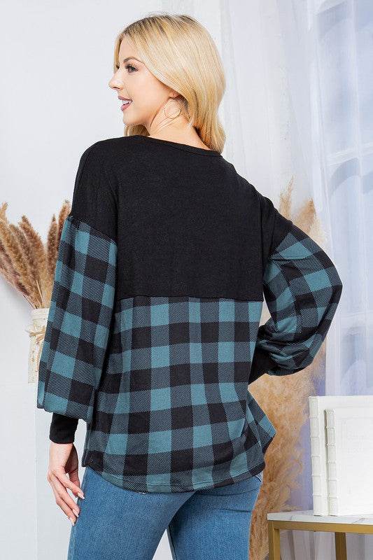 Plaid Contrast Bell Sleeve Sweater Knit - DaTrendStore.Com