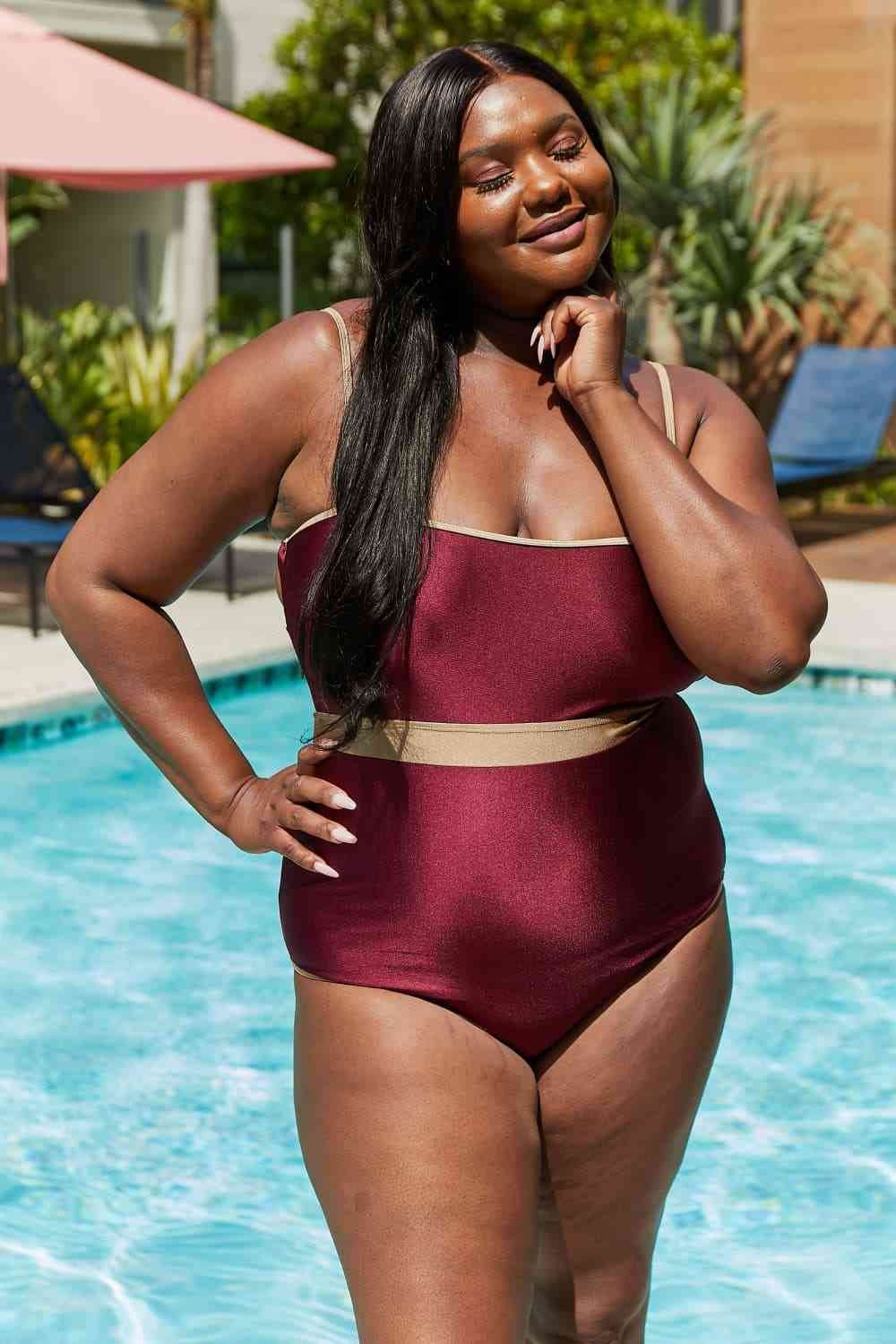 Marina West Swim Wave Break Contrast Trim One-Piece in Wine - DaTrendStore.Com