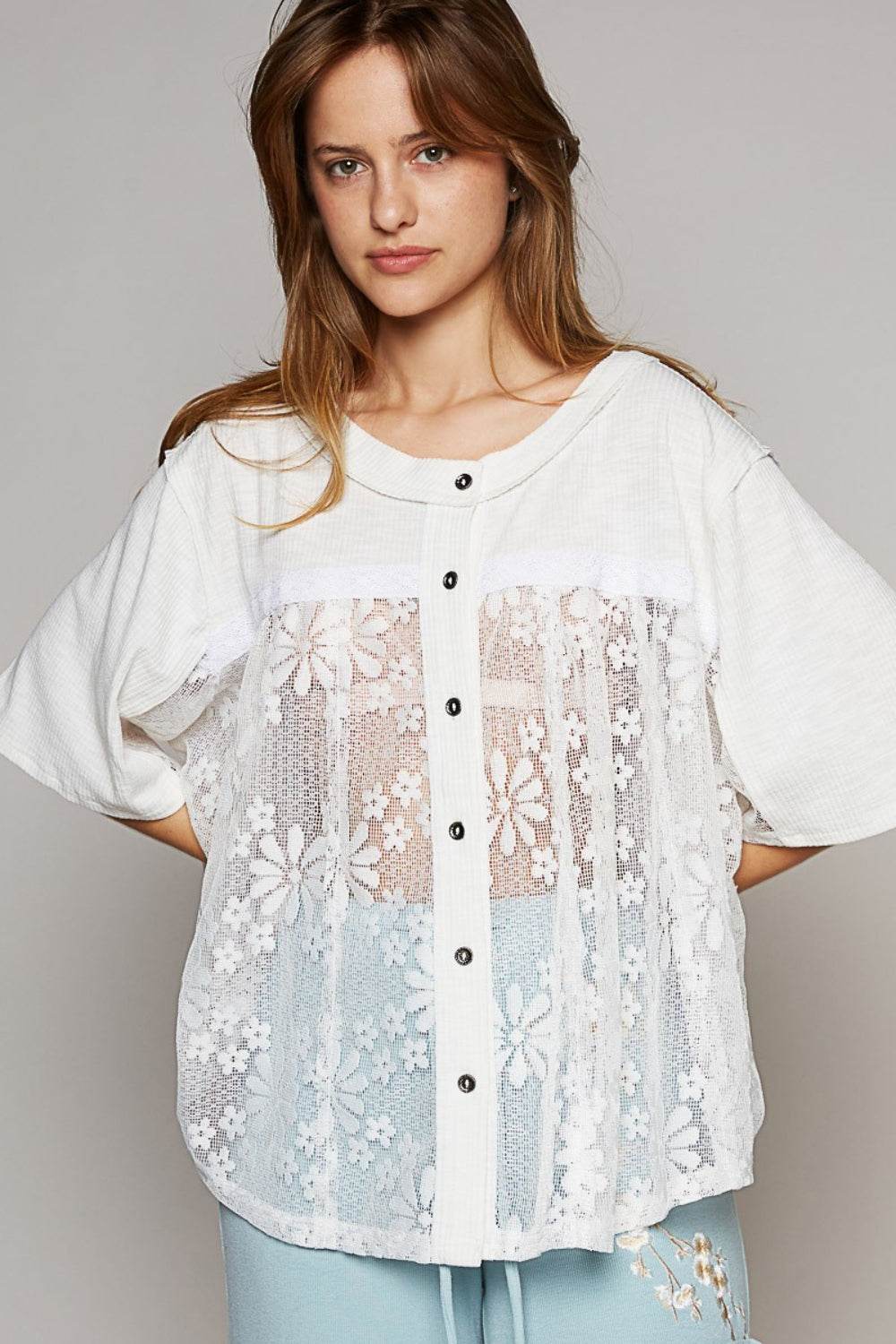 POL Round Neck Short Sleeve Lace Top - DaTrendStore.Com