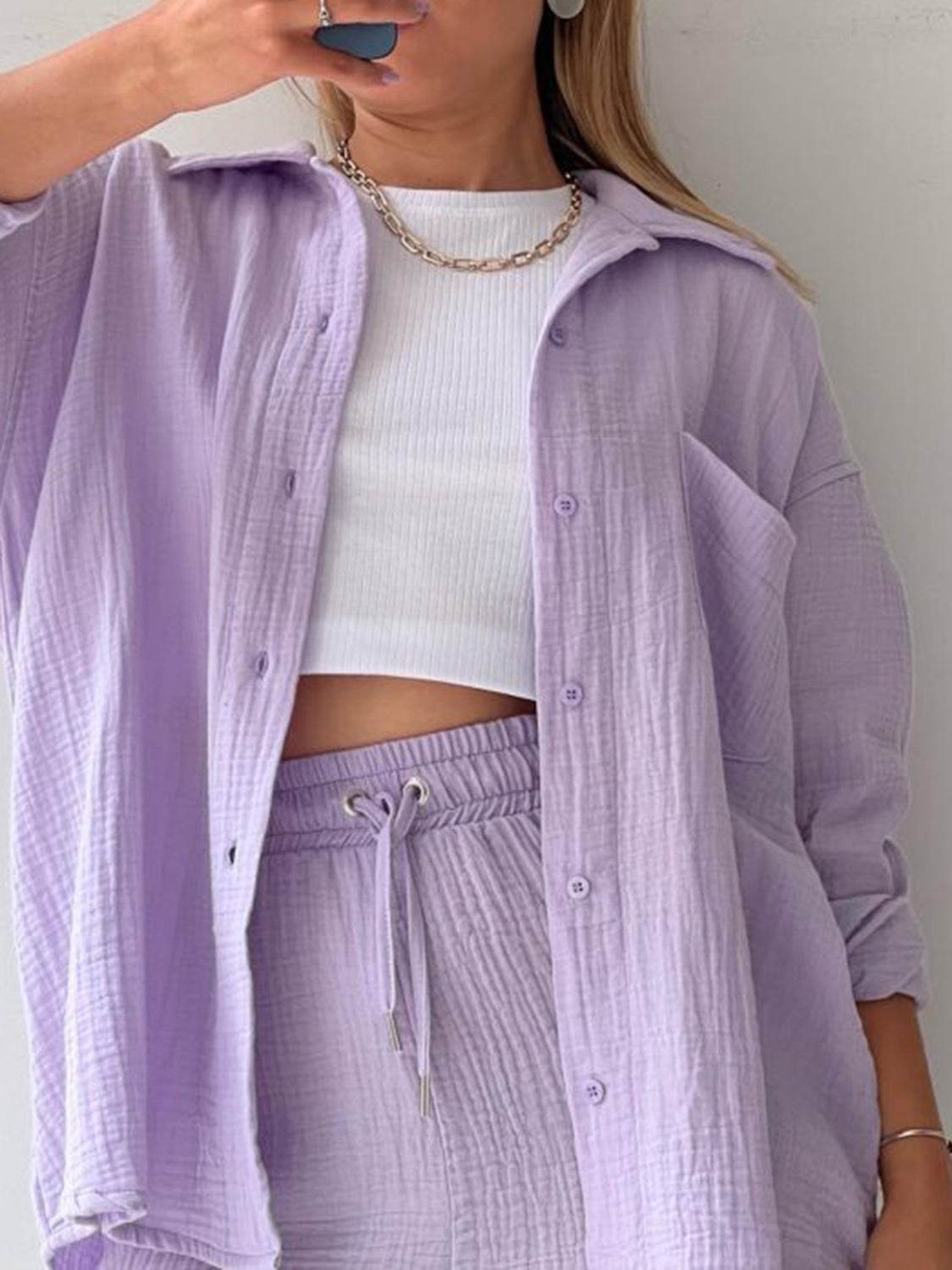 Texture Button Up Shirt and Drawstring Shorts Set - DaTrendStore.Com