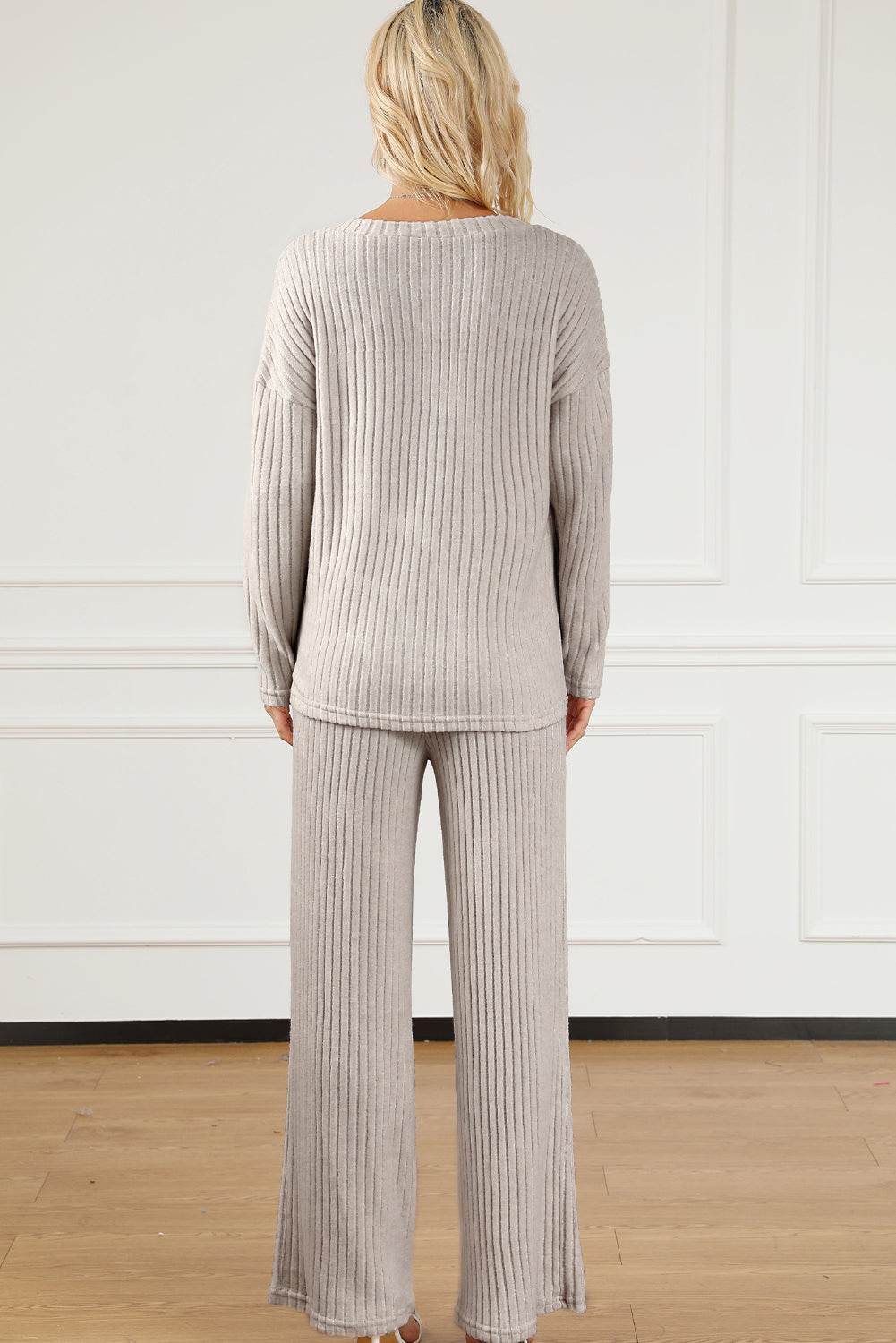 Ribbed V-Neck Top and Pants Lounge Set - DaTrendStore.Com