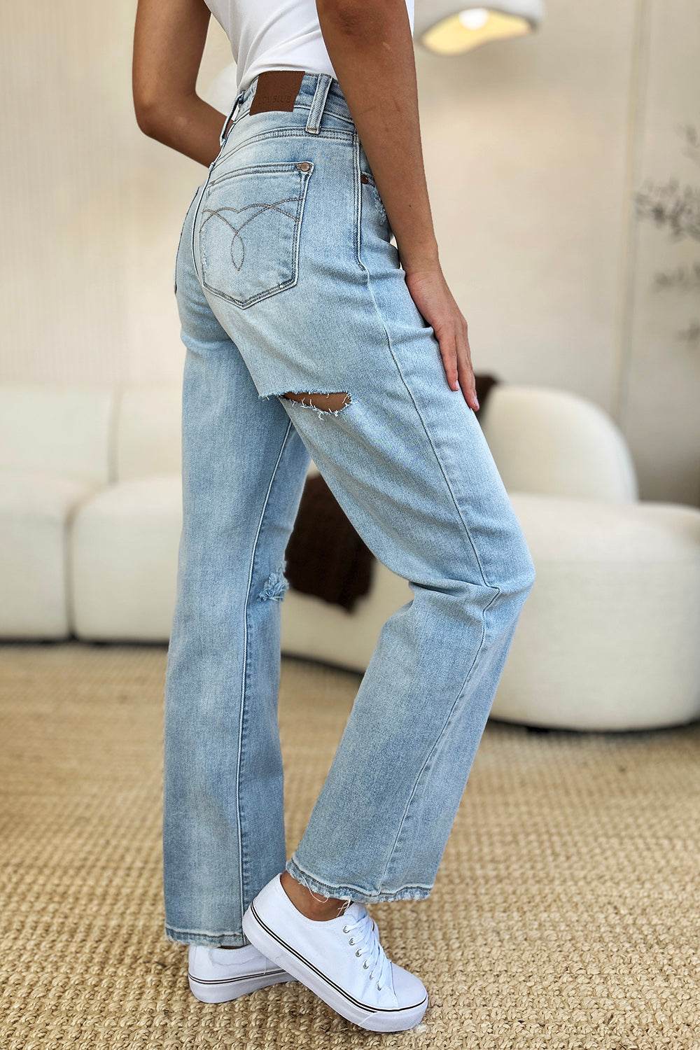 Judy Blue Full Size High Waist Distressed Straight Jeans - DaTrendStore.Com