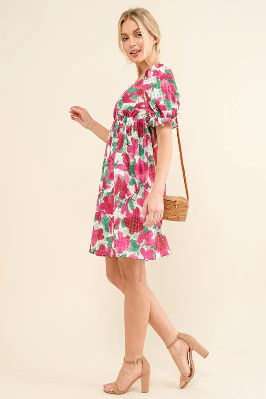 And The Why Fuchsia Smocked Floral Mini Dress