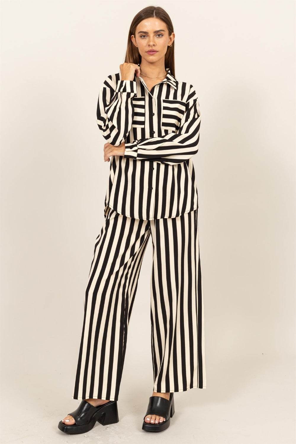 HYFVE Striped Button Up Shirt and Pants Set - DaTrendStore.Com