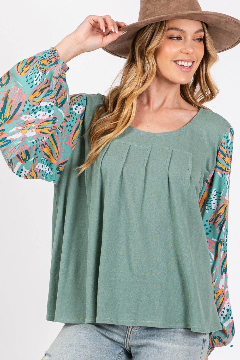 SAGE + FIG Ruched Round Neck Printed Bubble Sleeve Top - DaTrendStore.Com