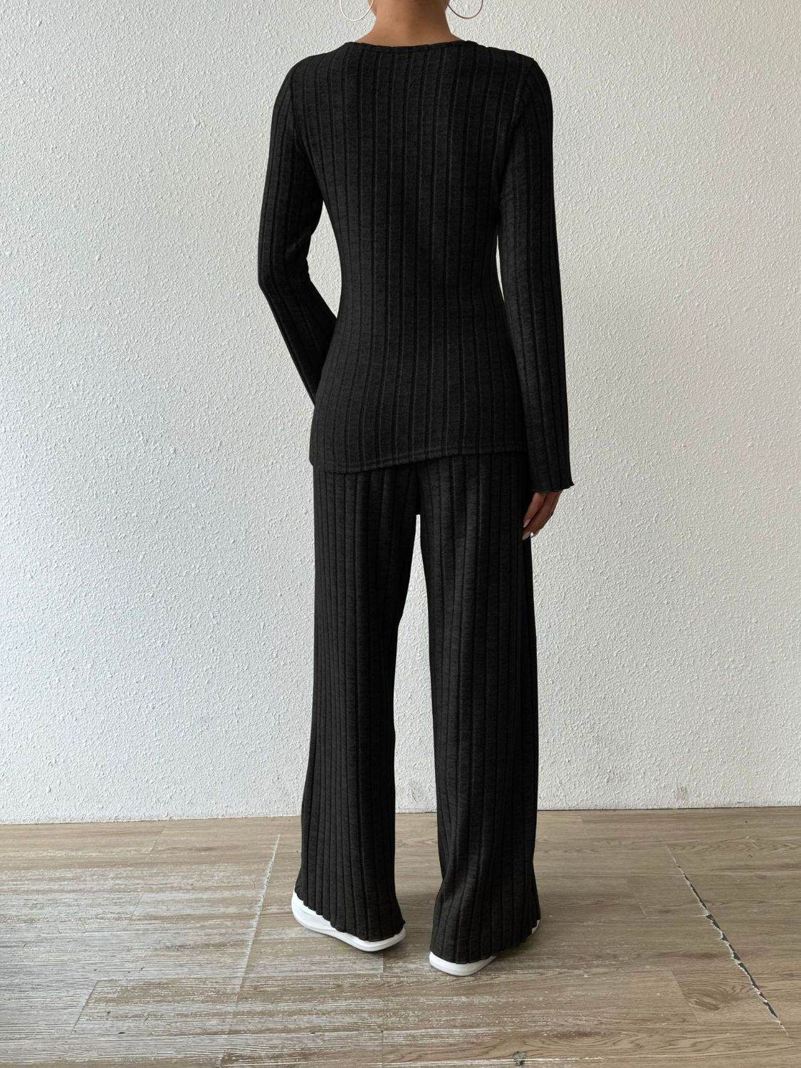 Ribbed V-Neck Long Sleeve Top and Pocketed Pants Set - DaTrendStore.Com