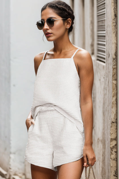 Waffle-Knit Cami and Pocketed Shorts Set