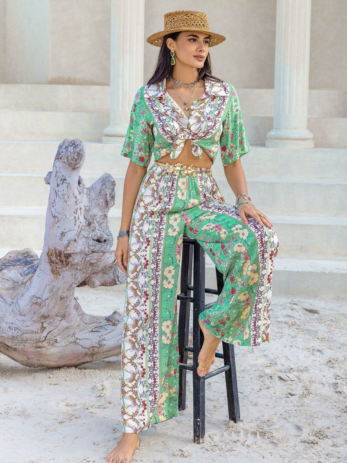 Printed Half Sleeve Top and Wide Leg Pants Set - DaTrendStore.Com