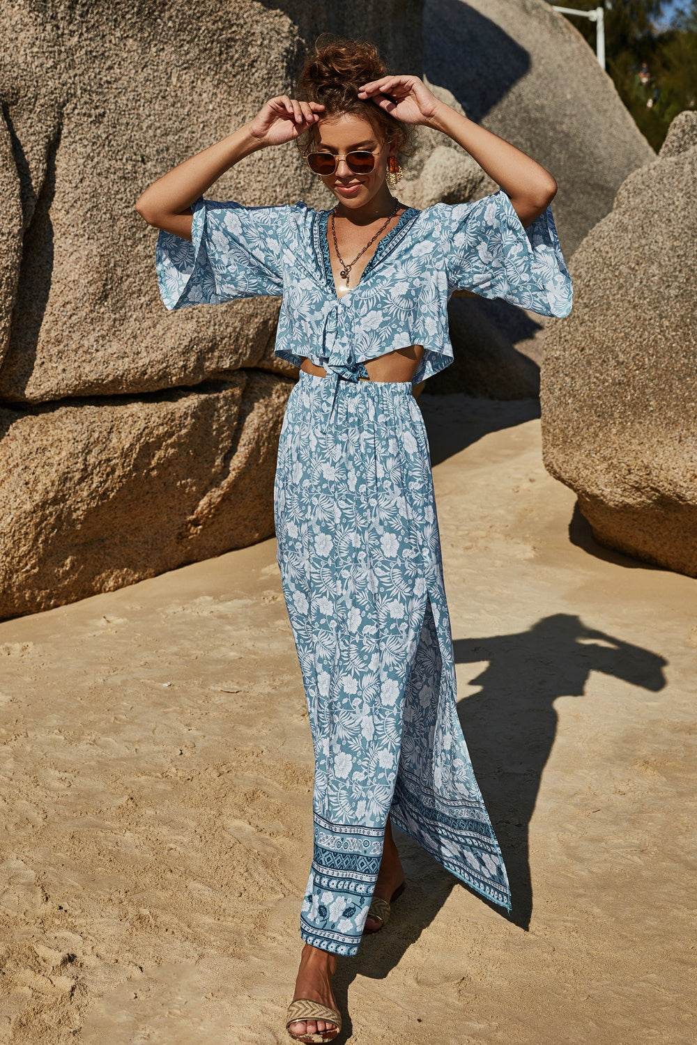 Printed Half Sleeve Top and Slit Skirt Set - DaTrendStore.Com